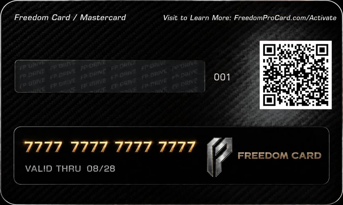 Back of the Freedom Card: card number, valid thru date, activation QR code, Freedom Card / Mastercard