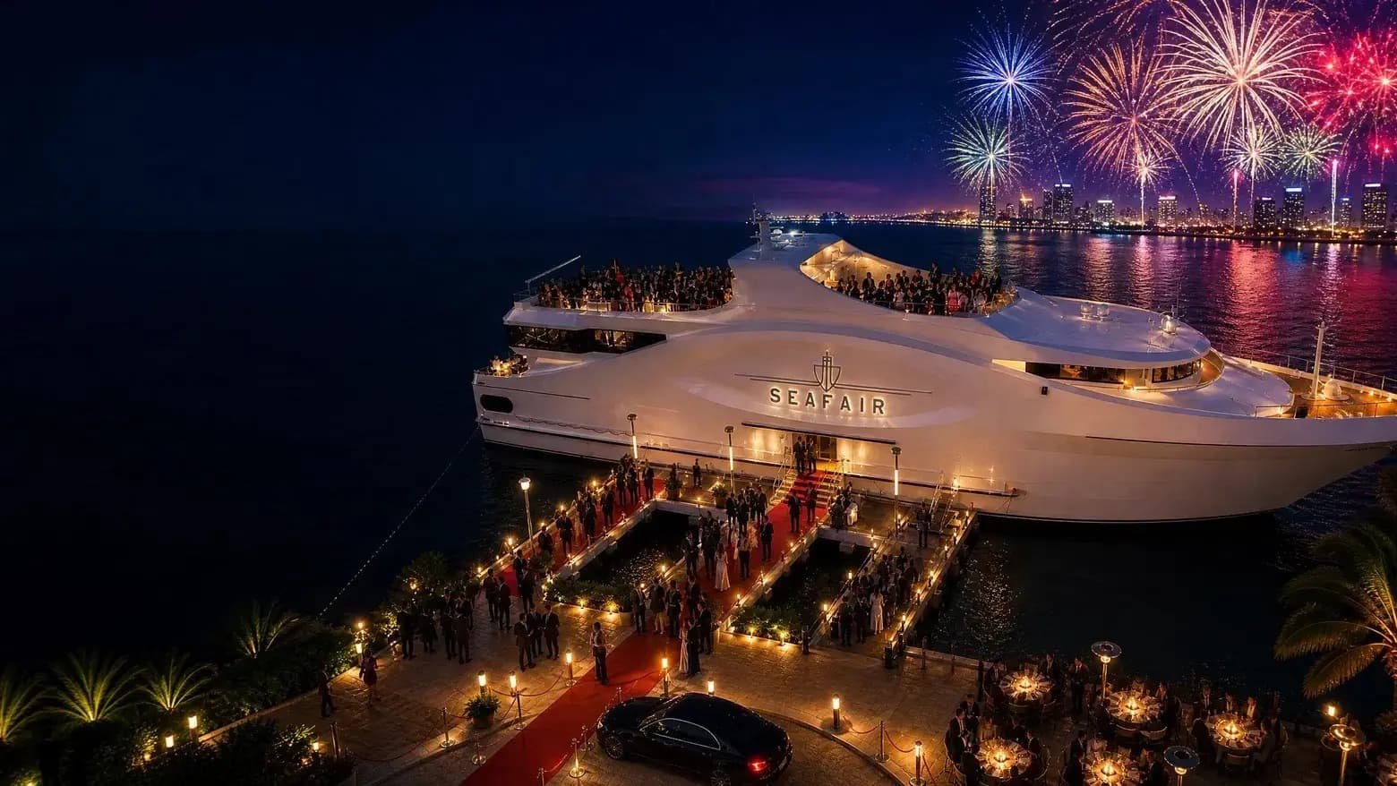 A yacht lit up on Miami Bay with fireworks overhead